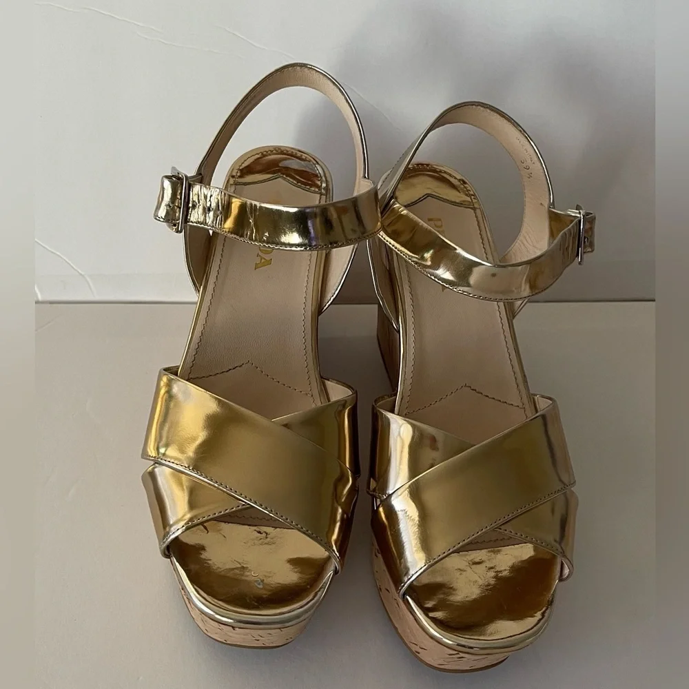 Prada Gold Metallic Cork Wedge Sandals